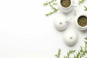 Green tea in a white teapot and cups on white background top view with copy space. Generative AI photo