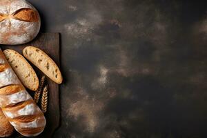 Freshly baked bread and wheat ears on rustic background. Top view with copy space. Generative AI photo