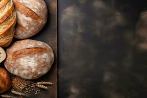 Freshly baked bread and wheat ears on rustic background. Top view with copy space. Generative AI photo