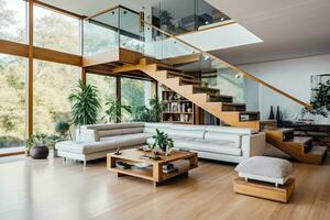 interior of modern house, living room with sofa and wooden stairs and panoramic windows. Generative AI photo