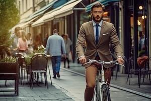 Handsome young man in suit and tie riding bicycle in city. Generative AI photo