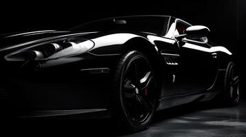 Close up front view of black sports car with copy space. photo