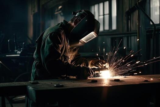 Industrial worker with protective mask welding steel structure in a factory. photo