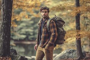 Handsome bearded man with backpack in the autumn forest. Travel and adventure concept. photo