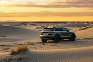 luxury car on sand dunes. Generative AI photo