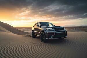 luxury car on sand dunes. Generative AI photo