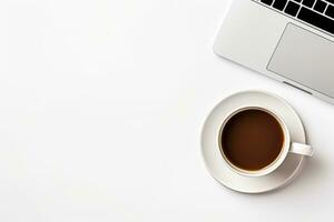 Office desk table with keyboard and coffee cup. Top view with copy space. Generative AI photo