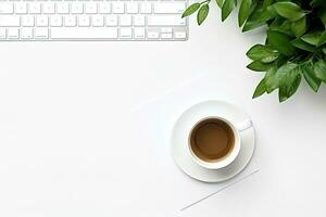 Office desk table with keyboard and coffee cup. Top view with copy space. Generative AI photo