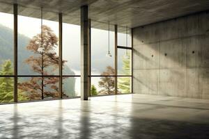 Empty room with panoramic window and mountain view. Generative AI photo