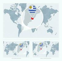 Magnified Uruguay over Map of the World, 3 versions of the World Map with flag and map of Uruguay. vector