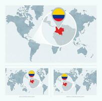 Magnified Colombia over Map of the World, 3 versions of the World Map with flag and map of Colombia. vector