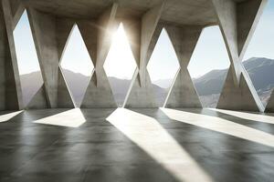 architecture empty room with window and mountain background with sunlight. Generative AI photo
