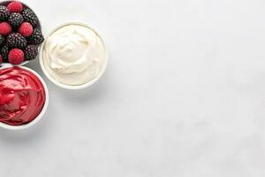 Ice cream with fresh berries in glass bowl on white background, top view. Generative AI photo