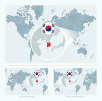 magnificado sur Corea terminado mapa de el mundo, 3 versiones de el mundo mapa con bandera y mapa de sur Corea. vector