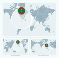 magnificado Maldivas terminado mapa de el mundo, 3 versiones de el mundo mapa con bandera y mapa de Maldivas. vector