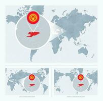 magnificado Kirguistán terminado mapa de el mundo, 3 versiones de el mundo mapa con bandera y mapa de Kirguistán. vector