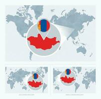 Magnified Mongolia over Map of the World, 3 versions of the World Map with flag and map of Mongolia. vector