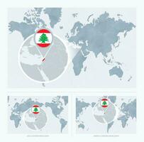 Magnified Lebanon over Map of the World, 3 versions of the World Map with flag and map of Lebanon. vector