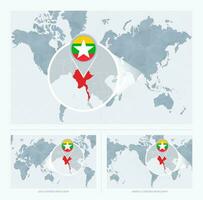 Magnified Myanmar over Map of the World, 3 versions of the World Map with flag and map of Myanmar. vector