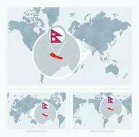 magnificado Nepal terminado mapa de el mundo, 3 versiones de el mundo mapa con bandera y mapa de Nepal. vector