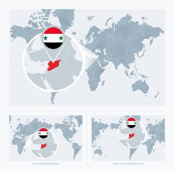 Magnified Syria over Map of the World, 3 versions of the World Map with flag and map of Syria. vector
