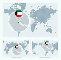 Magnified Kuwait over Map of the World, 3 versions of the World Map with flag and map of Kuwait. vector