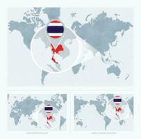 Magnified Thailand over Map of the World, 3 versions of the World Map with flag and map of Thailand. vector