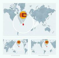 Magnified Sri Lanka over Map of the World, 3 versions of the World Map with flag and map of Sri Lanka. vector