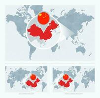 Magnified China over Map of the World, 3 versions of the World Map with flag and map of China. vector