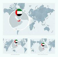 Magnified United Arab Emirates over Map of the World, 3 versions of the World Map with flag and map of United Arab Emirates. vector