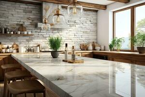 Interior of modern kitchen with gray walls, concrete floor, white marble countertops and bar with stools. Generative AI photo