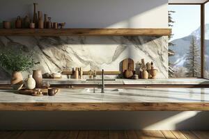 Interior of modern kitchen with gray walls, concrete floor, white marble countertops and bar with stools. Generative AI photo