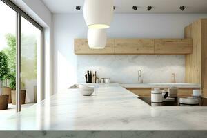 Interior of modern kitchen with gray walls, concrete floor, white marble countertops and bar with stools. Generative AI photo