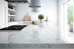 Interior of modern kitchen with gray walls, concrete floor, white marble countertops and bar with stools. Generative AI photo