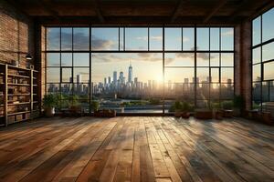 Interior of modern loft with wooden floor and panoramic city view. Generative AI photo