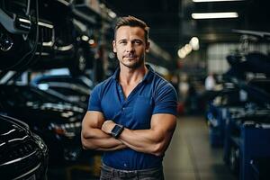 Technician, male auto mechanic in coverall in modern auto repair shop, garage. Generative AI photo