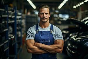 Technician, male auto mechanic in coverall in modern auto repair shop, garage. Generative AI photo