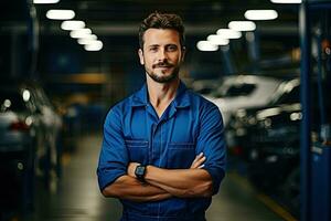 técnico, masculino auto mecánico en bata en moderno auto reparar comercio, cochera. generativo ai foto