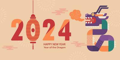 Banner template for Chinese New Year with dragon and traditional patterns and elements. Minimalistic style. Translation from Chinese - Happy New Year, dragon symbol. Vector illustration