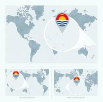 magnificado Kiribati terminado mapa de el mundo, 3 versiones de el mundo mapa con bandera y mapa de kiribati vector