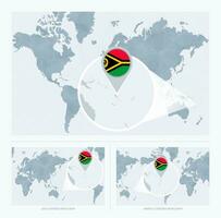 Magnified Vanuatu over Map of the World, 3 versions of the World Map with flag and map of Vanuatu. vector