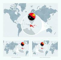 Magnified Papua New Guinea over Map of the World, 3 versions of the World Map with flag and map of Papua New Guinea. vector