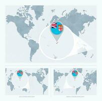 Magnified Fiji over Map of the World, 3 versions of the World Map with flag and map of Fiji. vector
