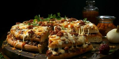 Pizza con extensión queso en un de madera mesa en un negro antecedentes foto