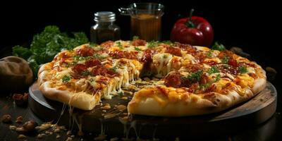 Pizza with stretching cheese on a wooden table on a black background photo