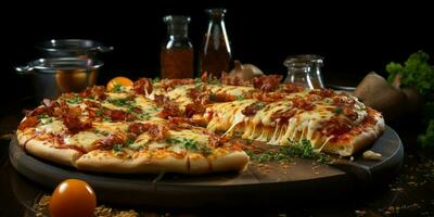 Pizza con extensión queso en un de madera mesa en un negro antecedentes foto