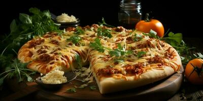 Pizza con extensión queso en un de madera mesa en un negro antecedentes foto