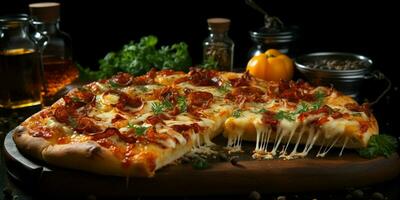 Pizza con extensión queso en un de madera mesa en un negro antecedentes foto