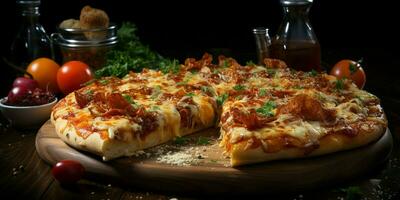 Pizza with stretching cheese on a wooden table on a black background photo