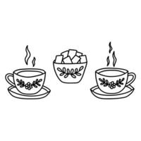Two cups of tea and sugar bowl. Vector
